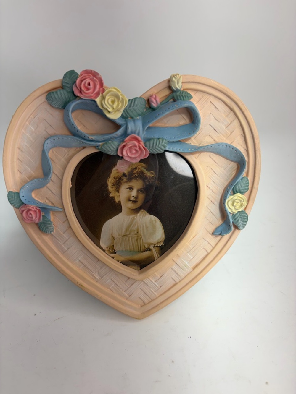 Vintage Pink Heart Shaped Picture Frame With Flowers And Blue Ribbon